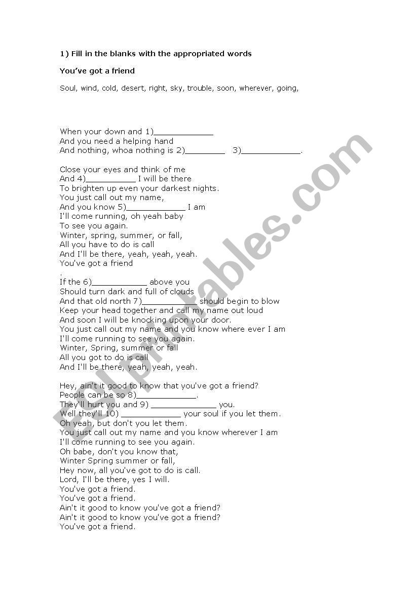 Youve got a Friend worksheet