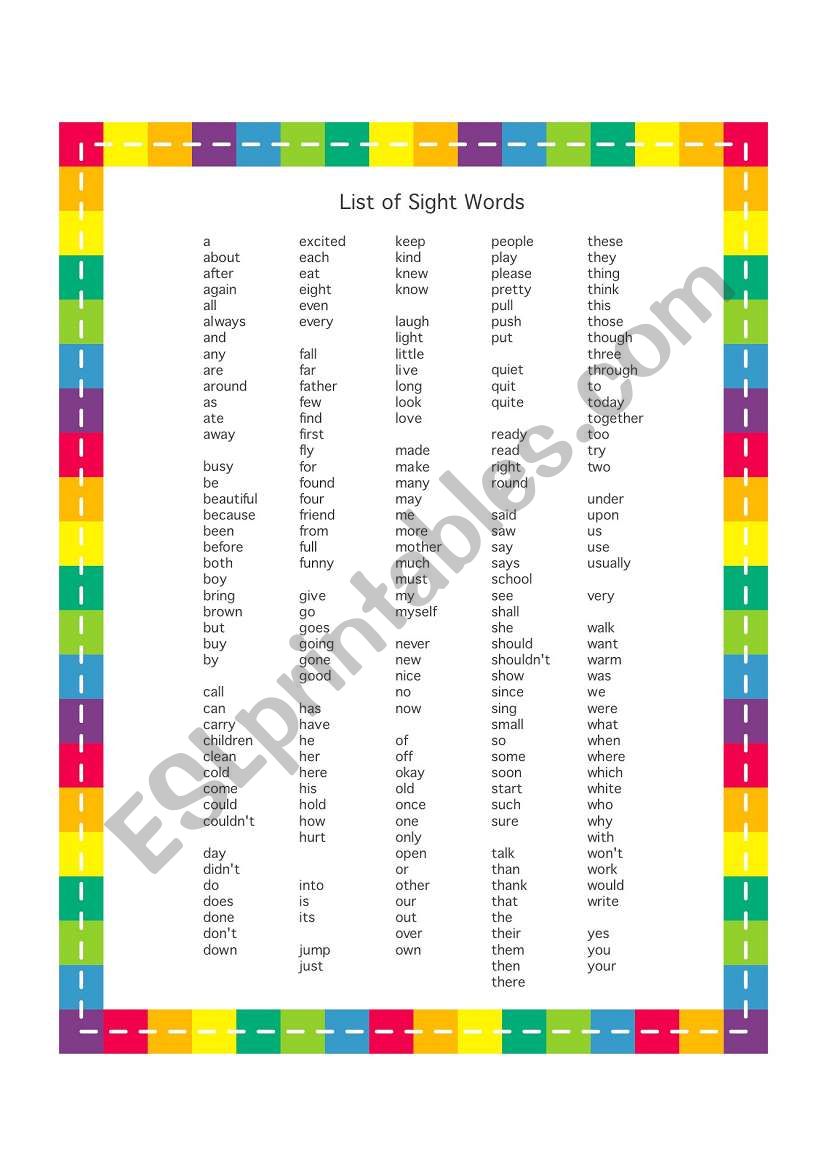 Sight Words List - it helps pre-schoolers to read on their own 