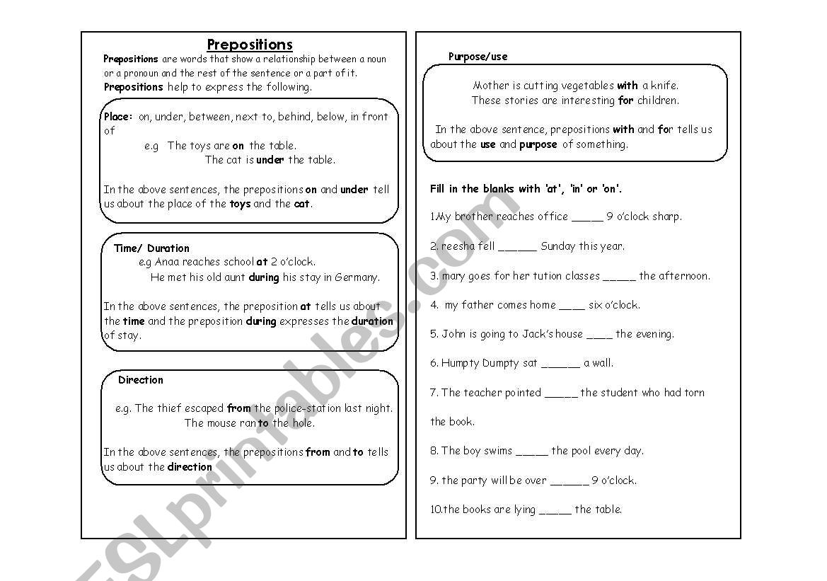 PREPOSITIONS worksheet