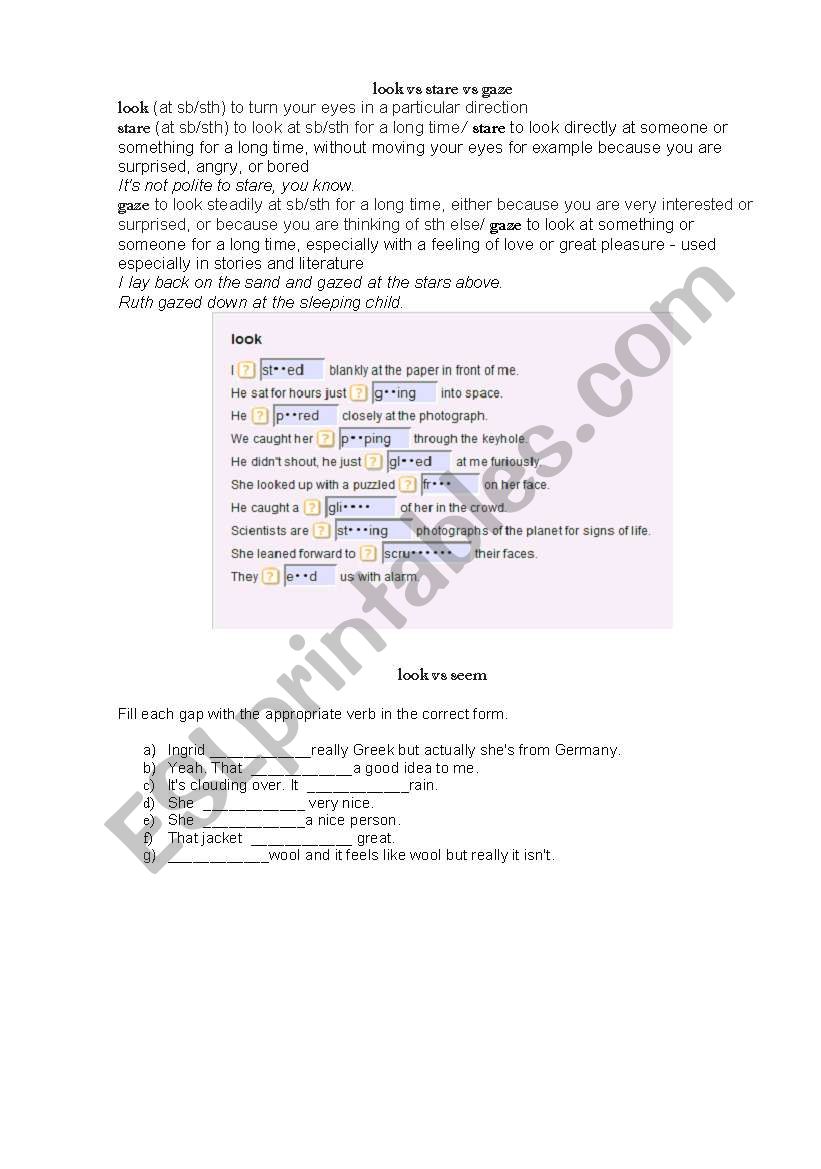 look vs stare vs gaze worksheet