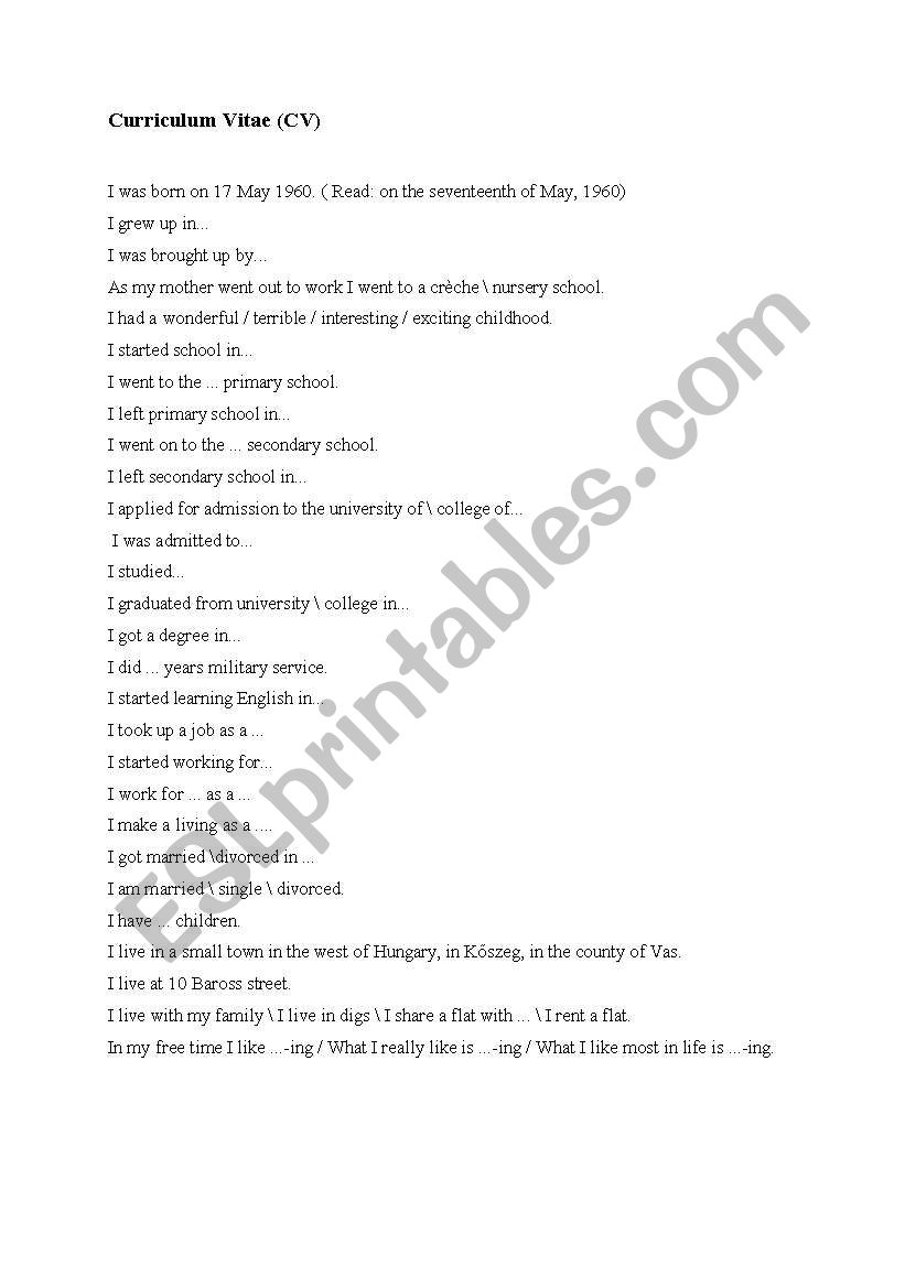 Curriculum Vitae worksheet