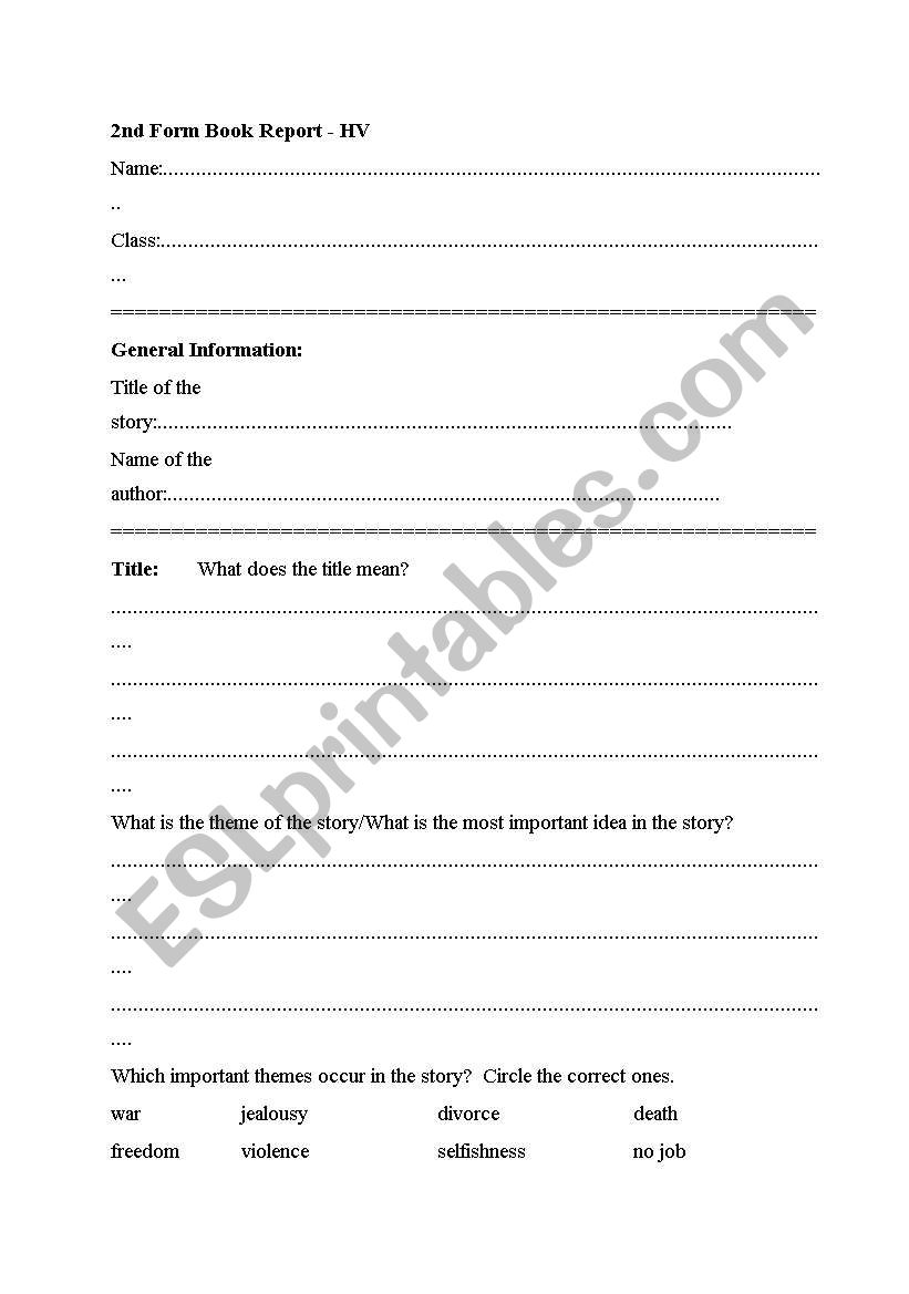 bookreport form second class worksheet