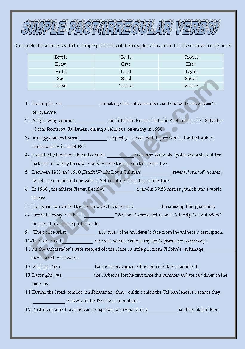 simple past-irregular verbs worksheet