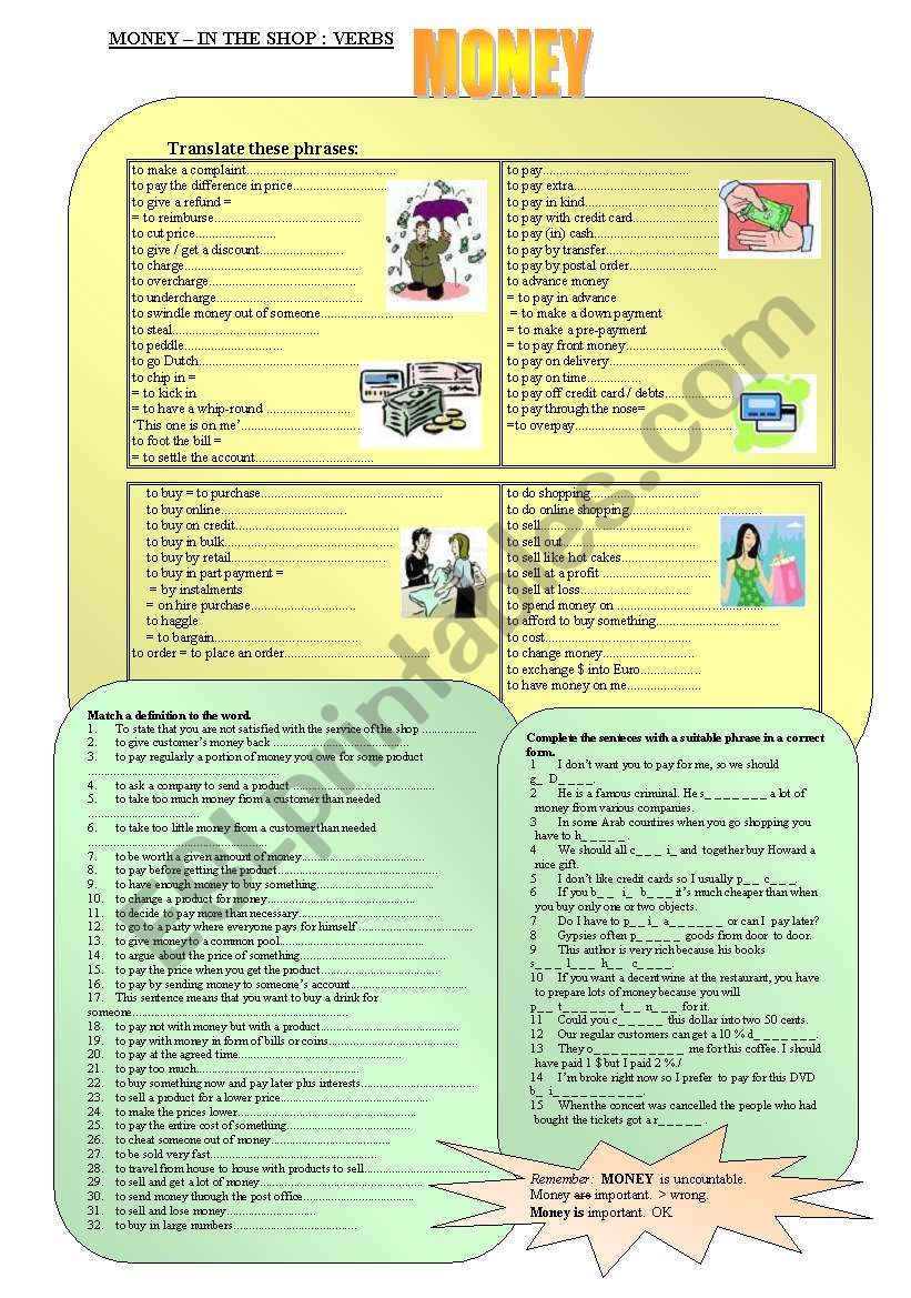 MONEY - doing shopping : verbs