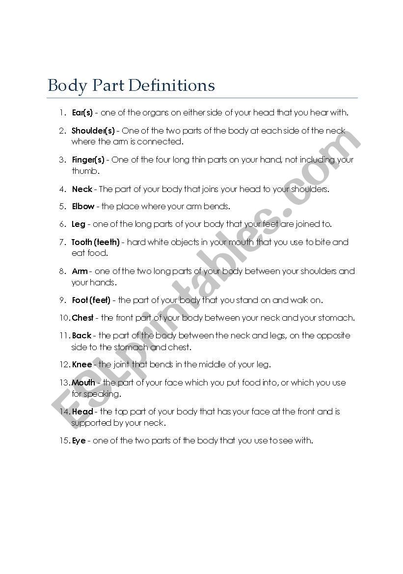Body Part Definitions and Fill In the Blank