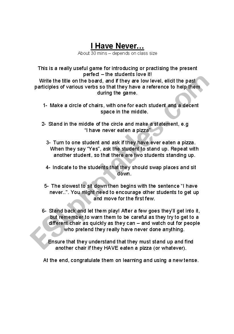 I Have Never... worksheet