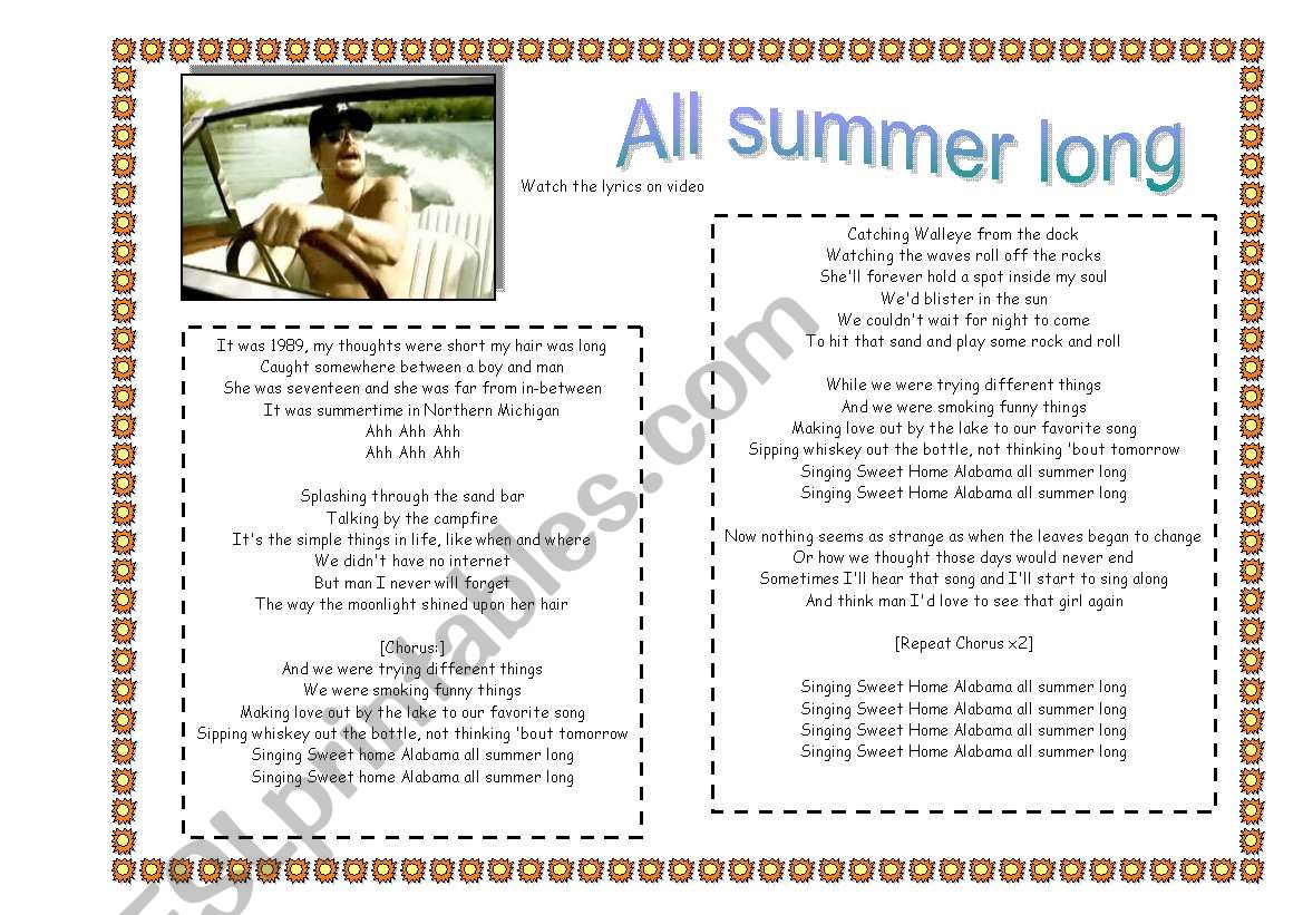 ALL SUMMER LONG-KID ROCK!!!! worksheet