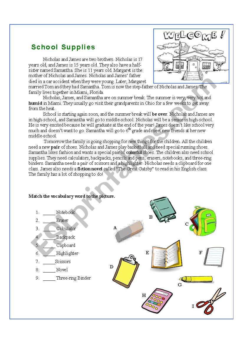 School Supplies worksheet