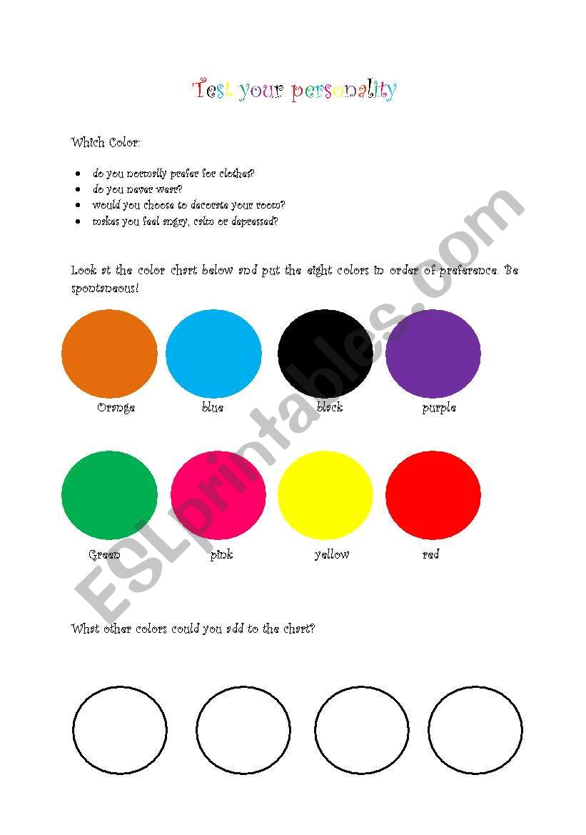 Colors personality test worksheet