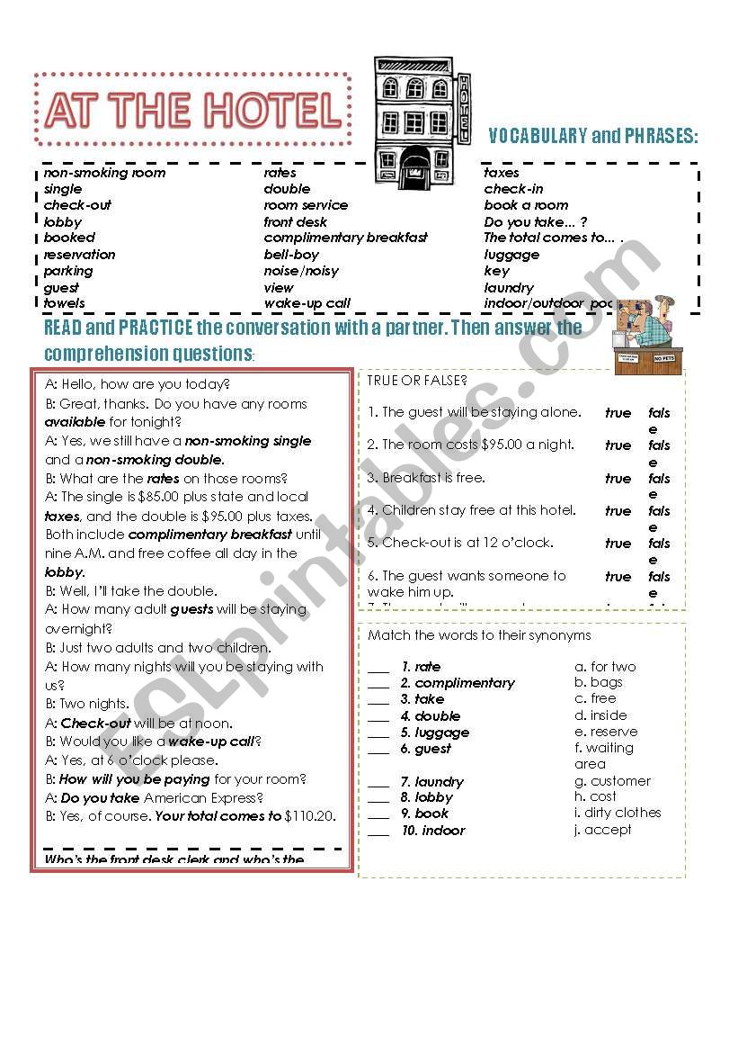 AT THE HOTEL - VOCABULARY, CONVERSATION AND EXERCISES, 2 PAGES