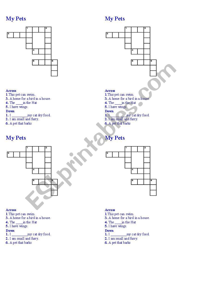 Pet crossword worksheet