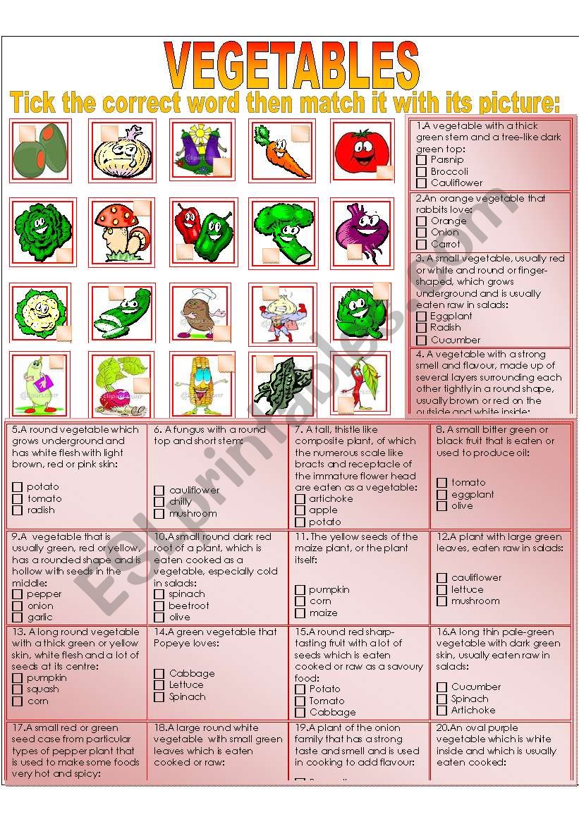 Vegetables-Tick and match worksheet