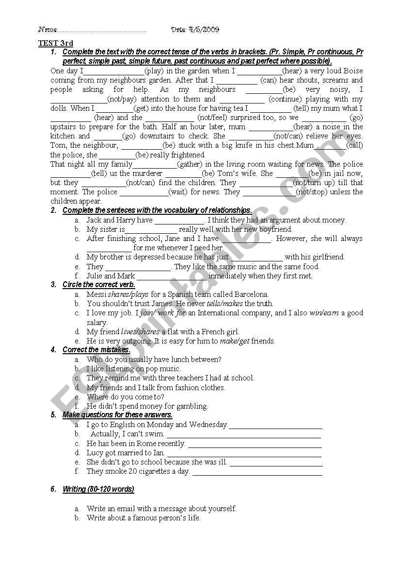 test worksheet