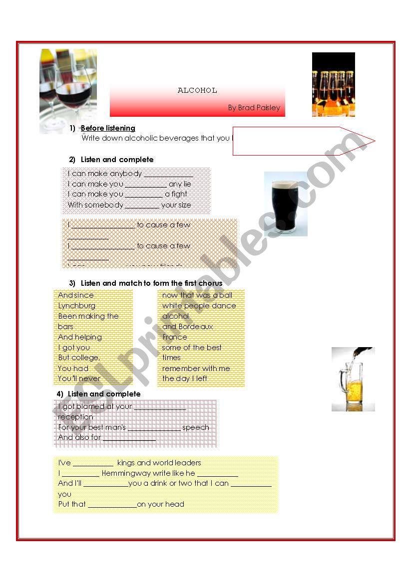 song Alcohol by Brad Paisly worksheet