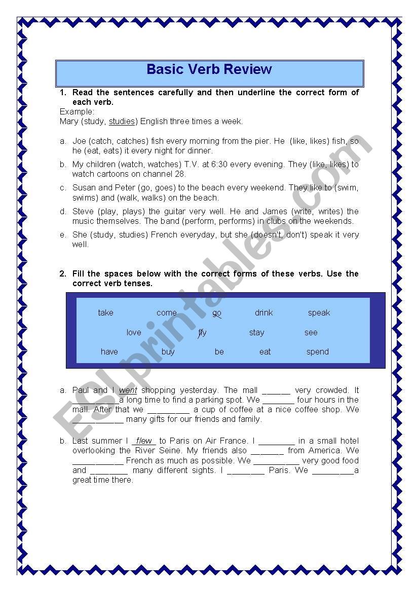 Basic Verb Review worksheet