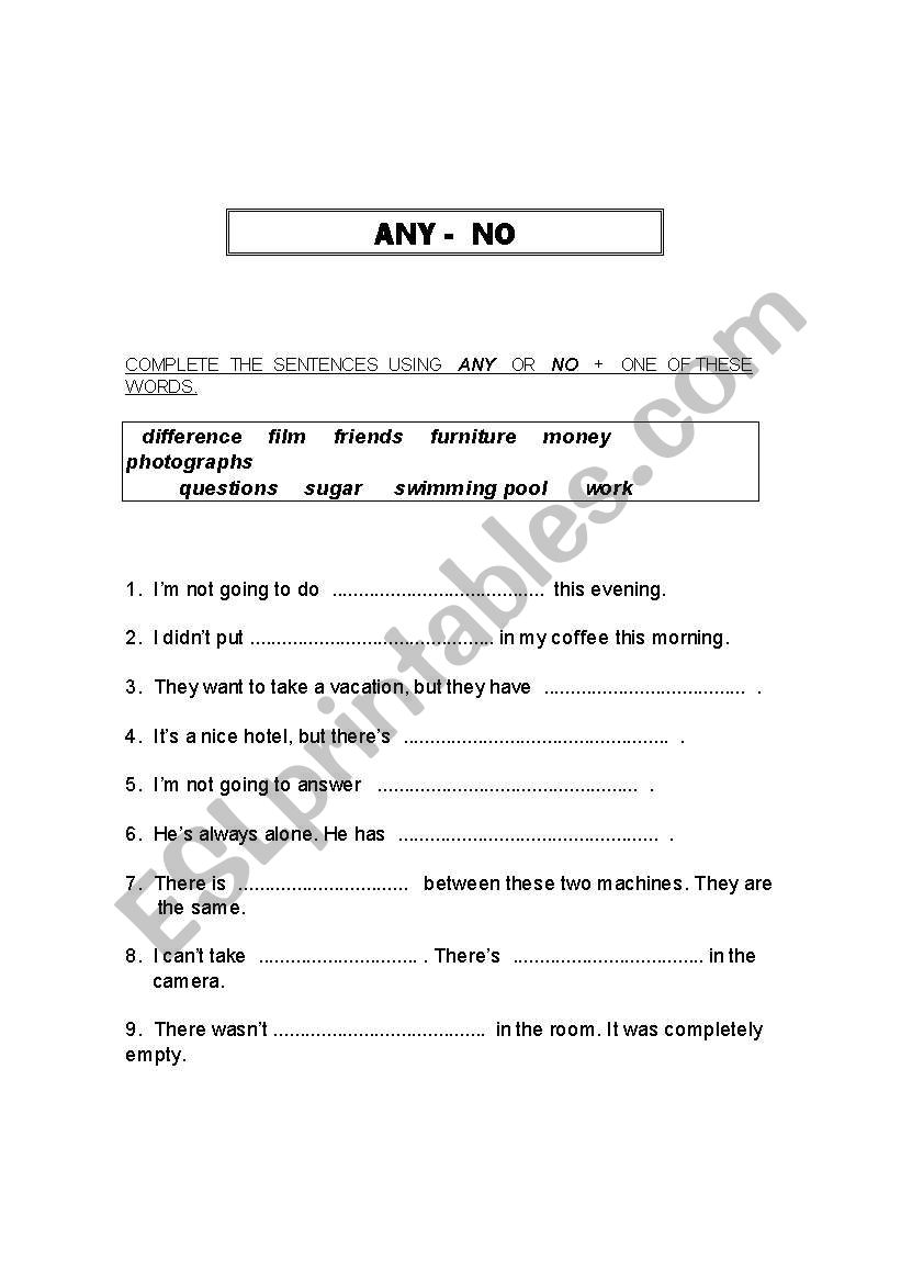 Any  and  No worksheet