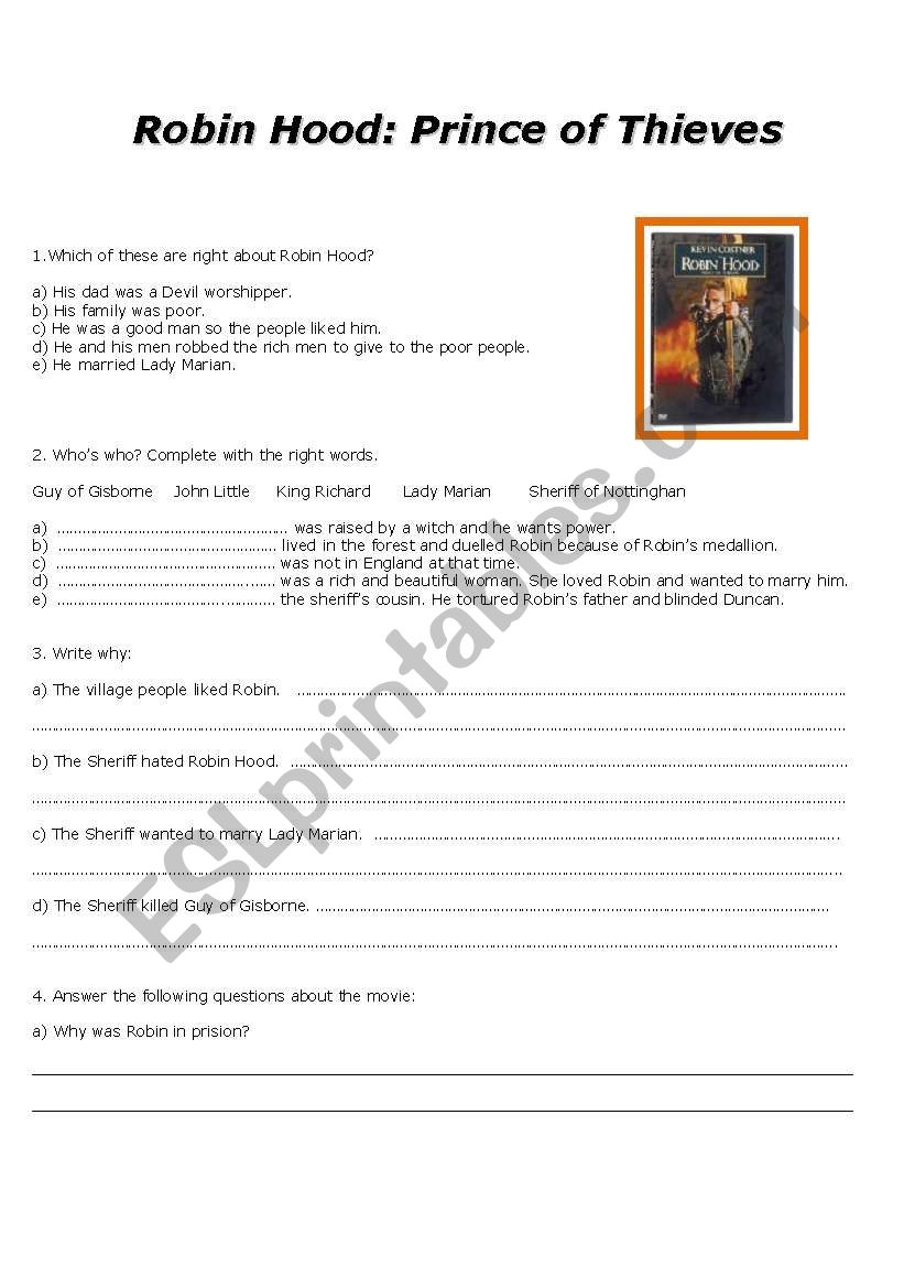 Movie worksheet - Robin Hood: Prince of Thieves