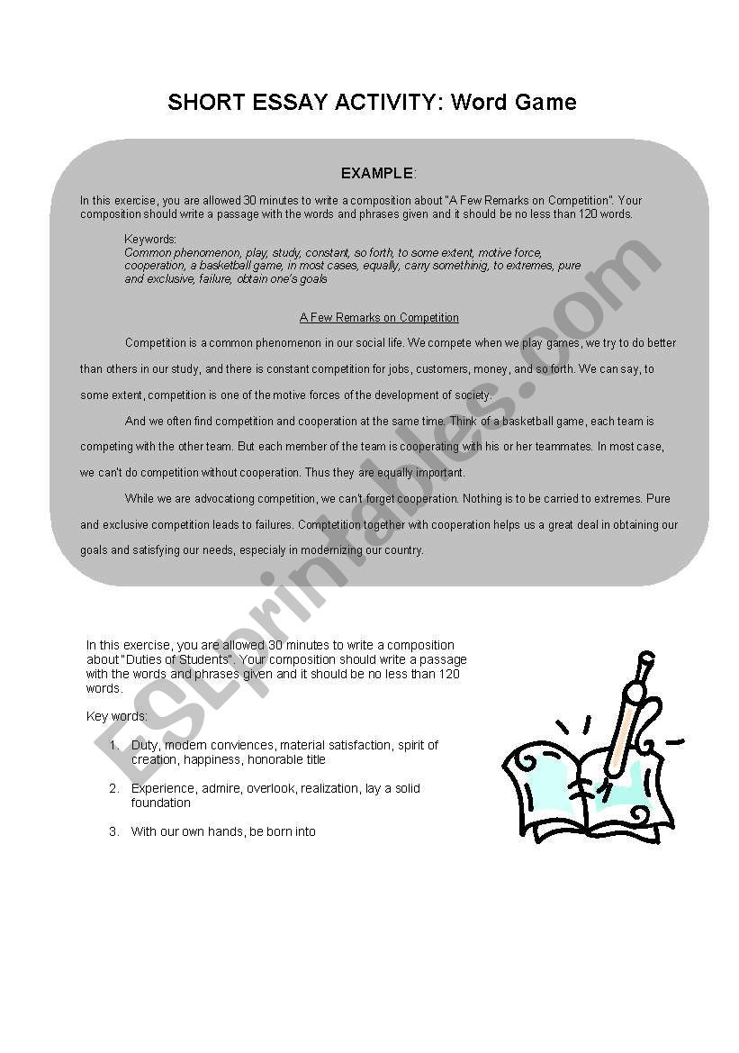 Short Essay Game worksheet