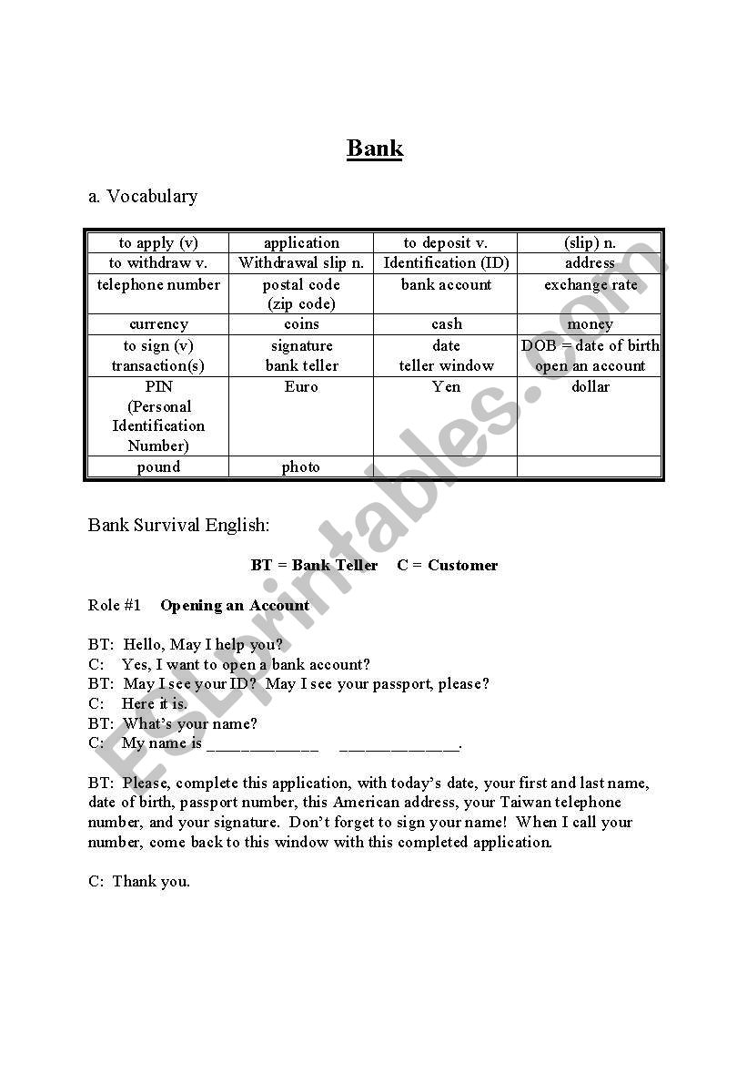 Going to the bank worksheet