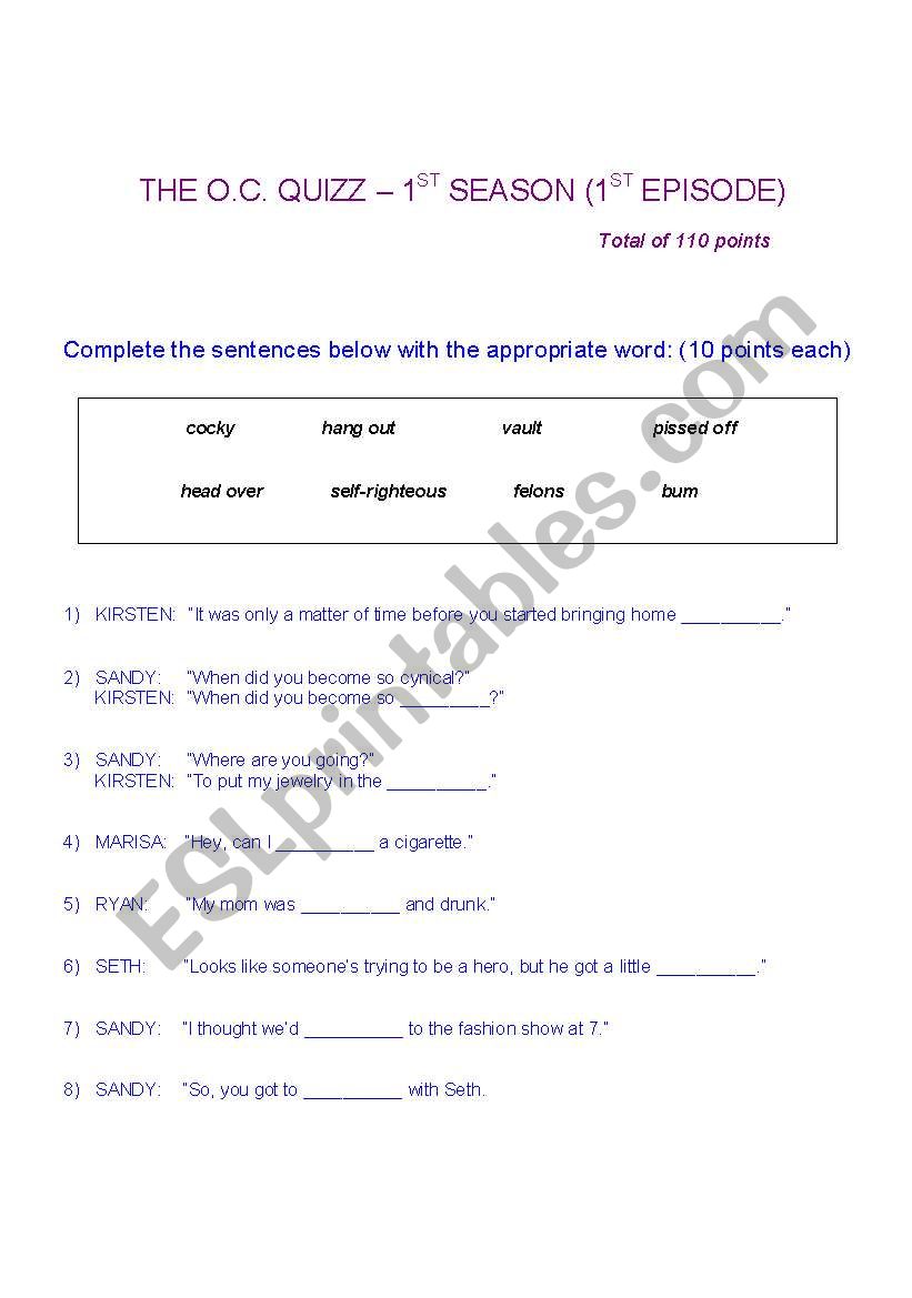 The O.C. first episode quizz worksheet