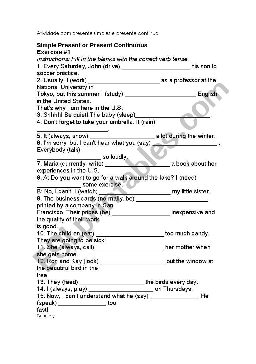 Activities with Simple Present and Present Continuous