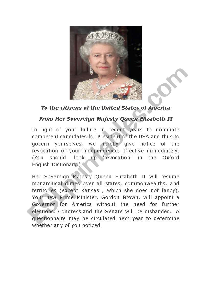 to the citizens of the USA from her majesty 