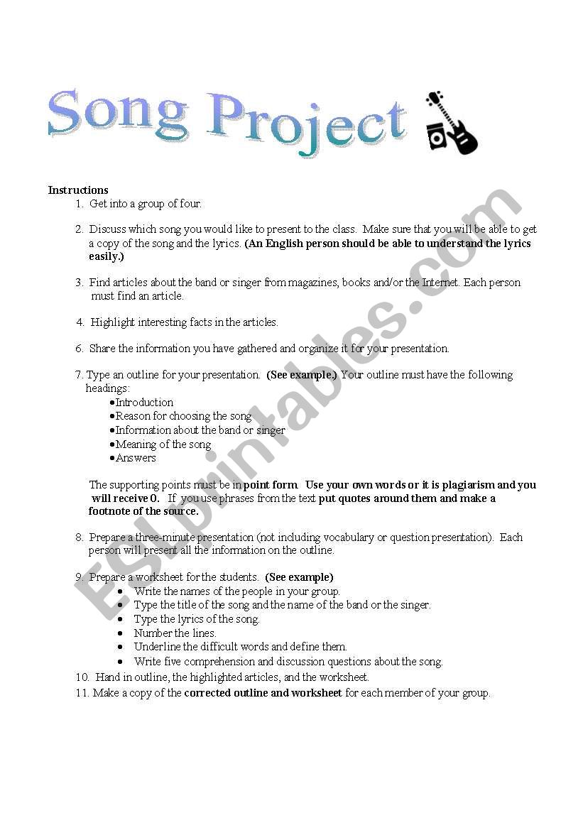 Song Project worksheet