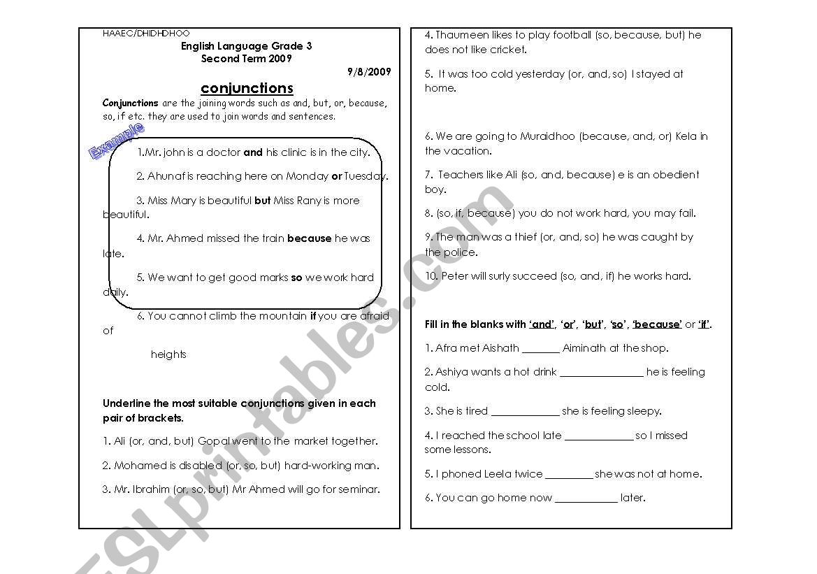 conjunctions worksheet