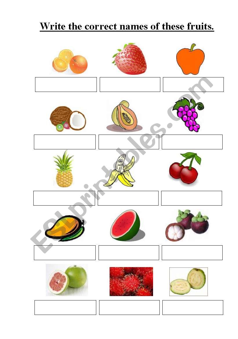 Write the correct names of these fruits.