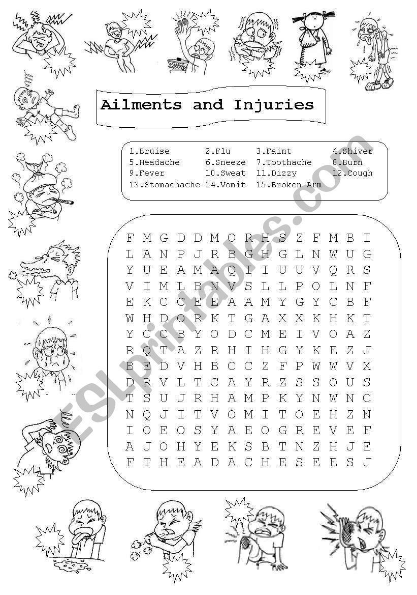 Ailments and Injuries - Match and Wordsearch