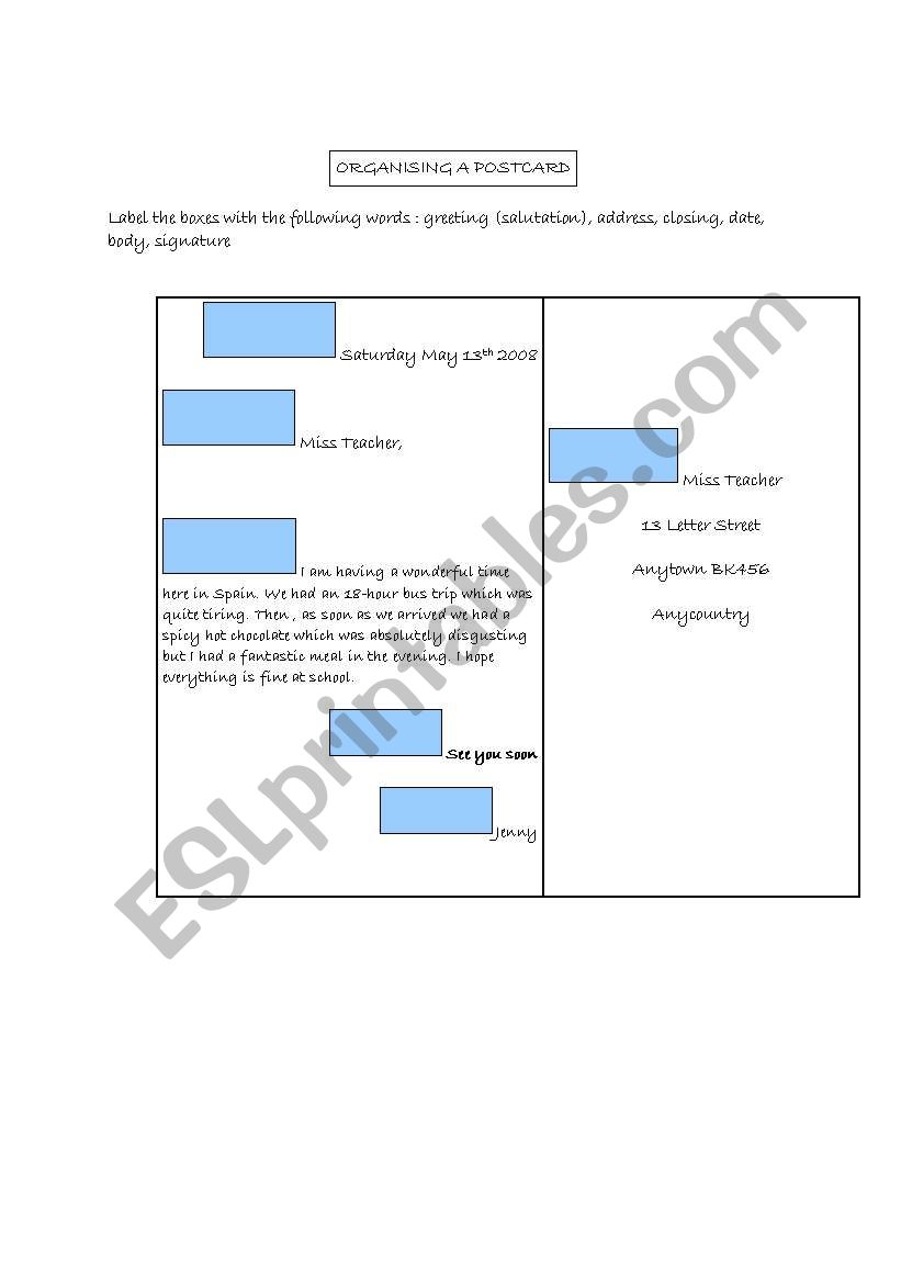 organising a postcard worksheet