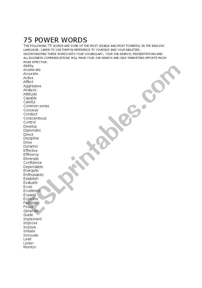 75 English Power Words worksheet