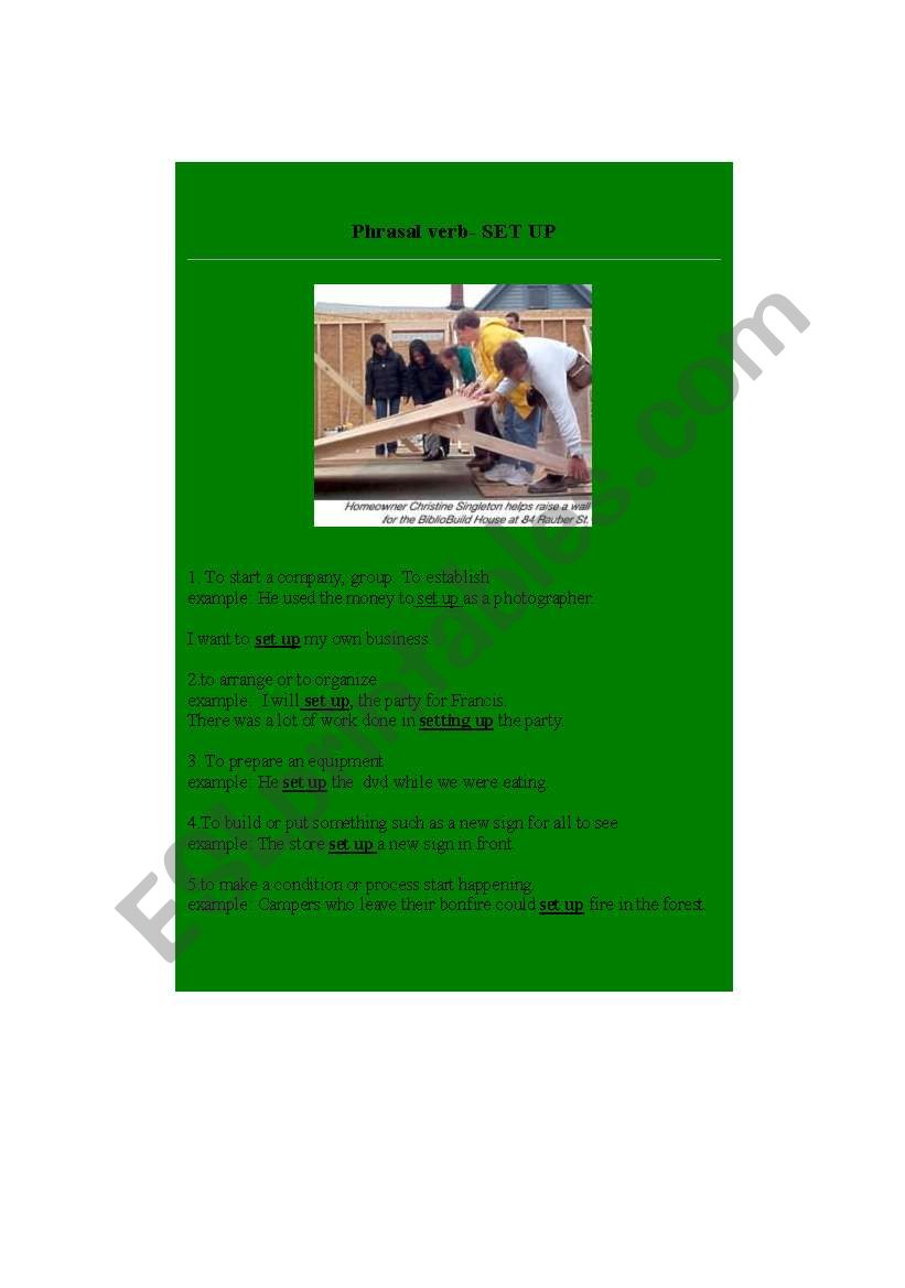 Phrasal verb- SET UP worksheet