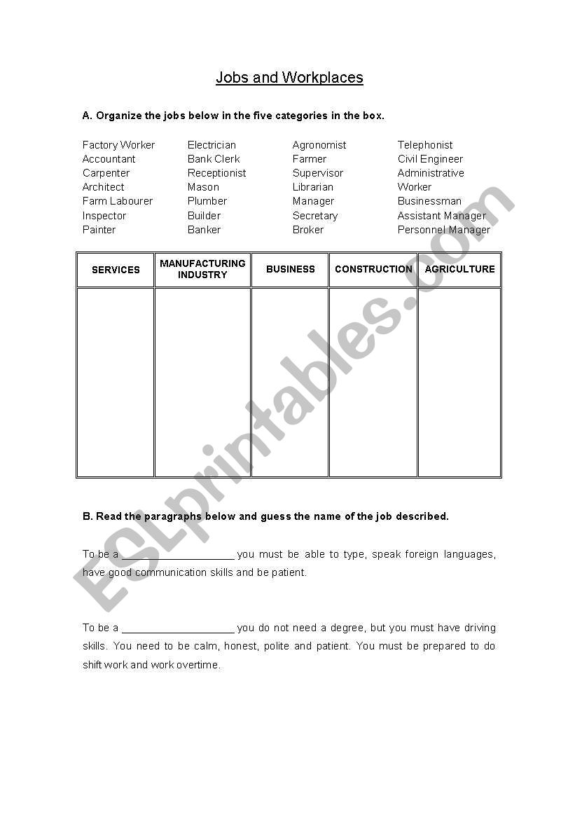Jobs Category worksheet