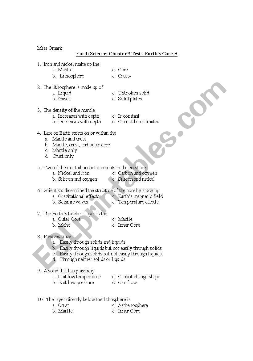 Earths Core- Test Questions worksheet