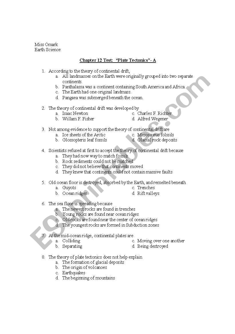 Test- Plate Tectonics worksheet