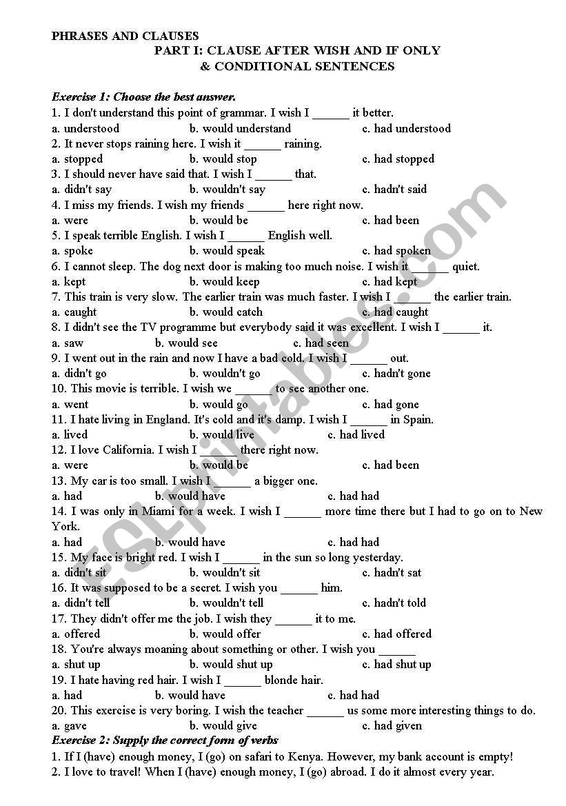 Wish clauses worksheet