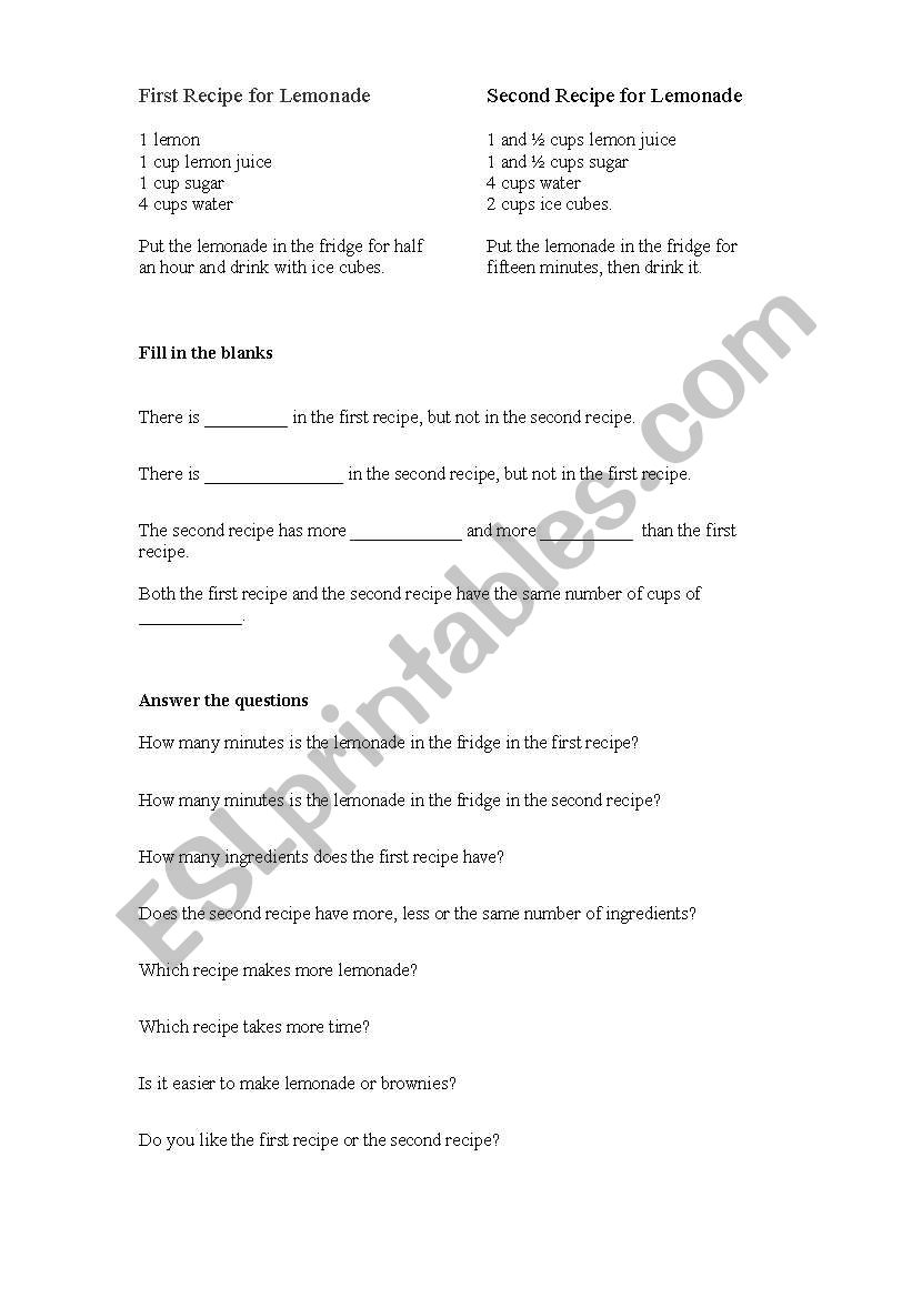 Compare 2 Lemonade Recipies worksheet