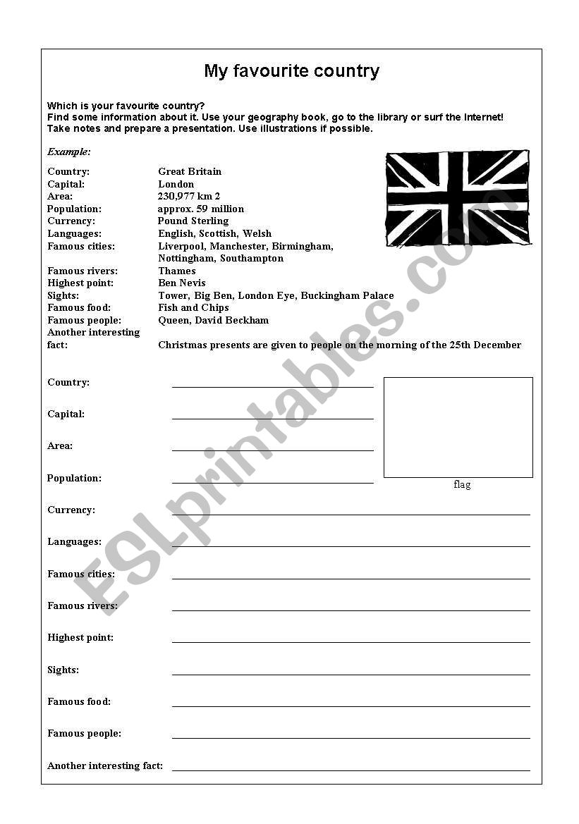 My favourite country worksheet
