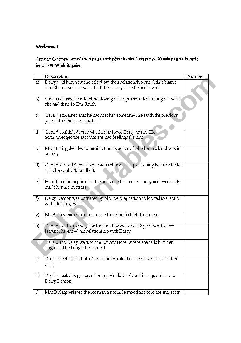 Inspector Calls worksheet