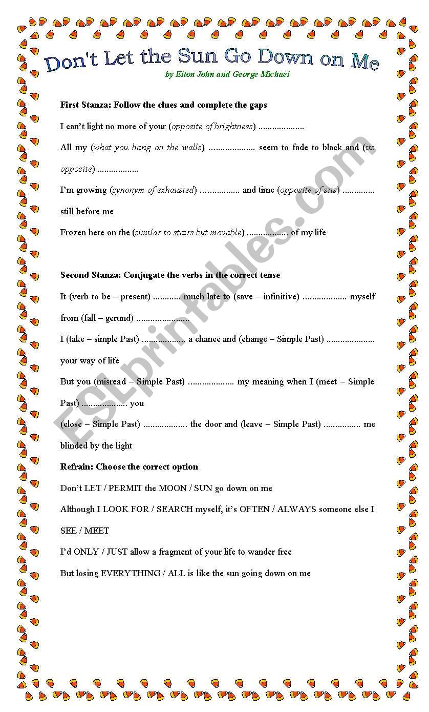 Don T Let The Sun Go Down On Me By George Michael And Elton John Esl Worksheet By Marianamerega