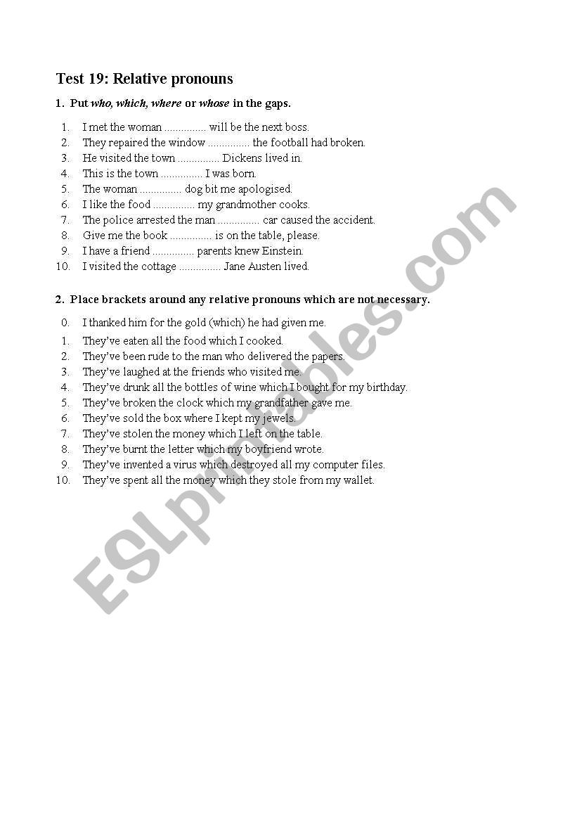 Relative pronouns worksheet