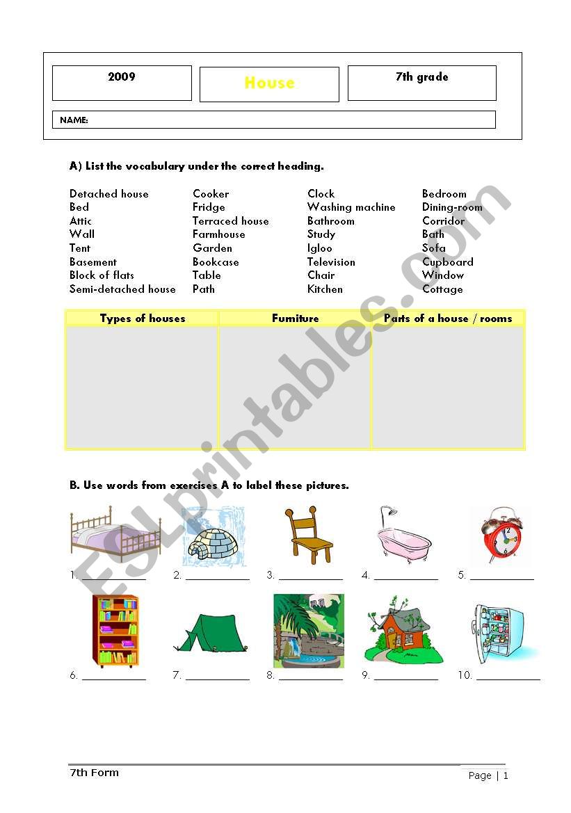 House - vocabulary worksheet