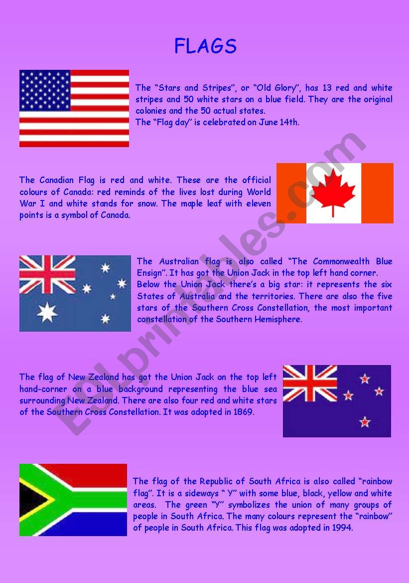 Với bộ worksheet ESL từ vựng liên quan đến các quốc kỳ trên thế giới, bạn sẽ có cơ hội học hỏi và tìm hiểu những biểu tượng văn hóa đặc trưng của các nước trên khắp thế giới.