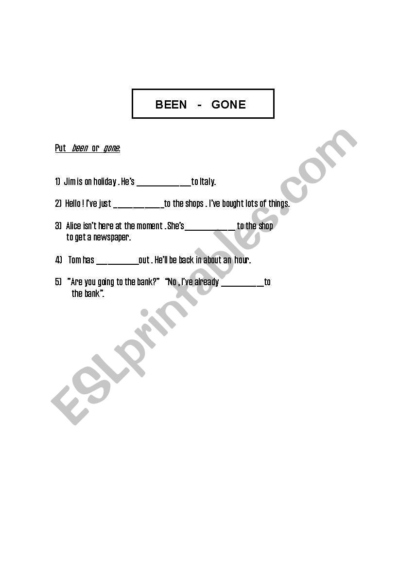 Been  vs  gone worksheet