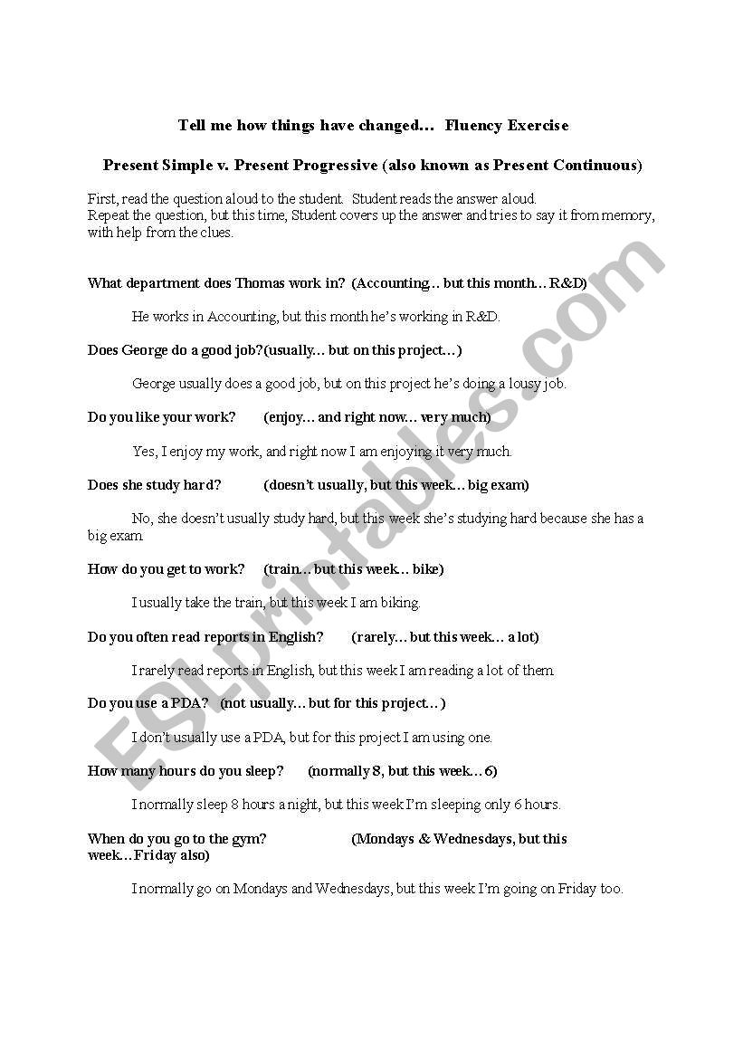 Present simple v. Present Progressive Fluency Exercise