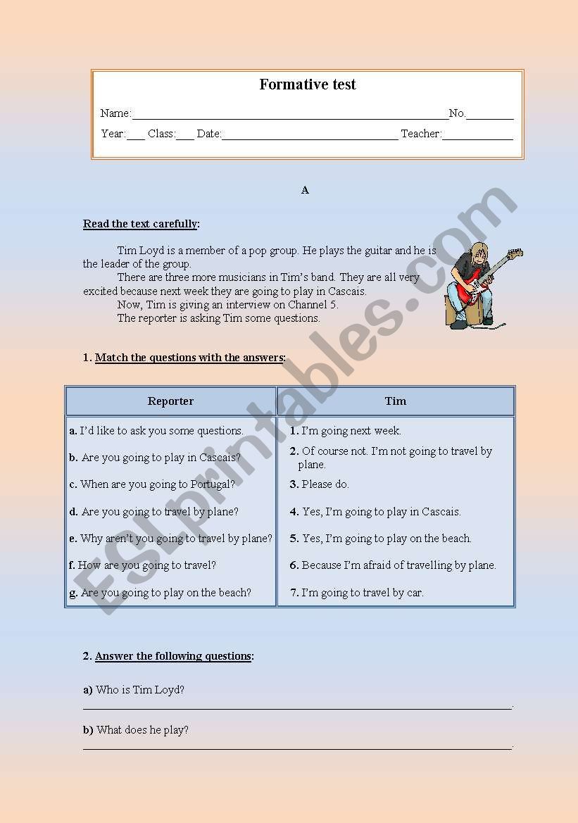 Formative test worksheet