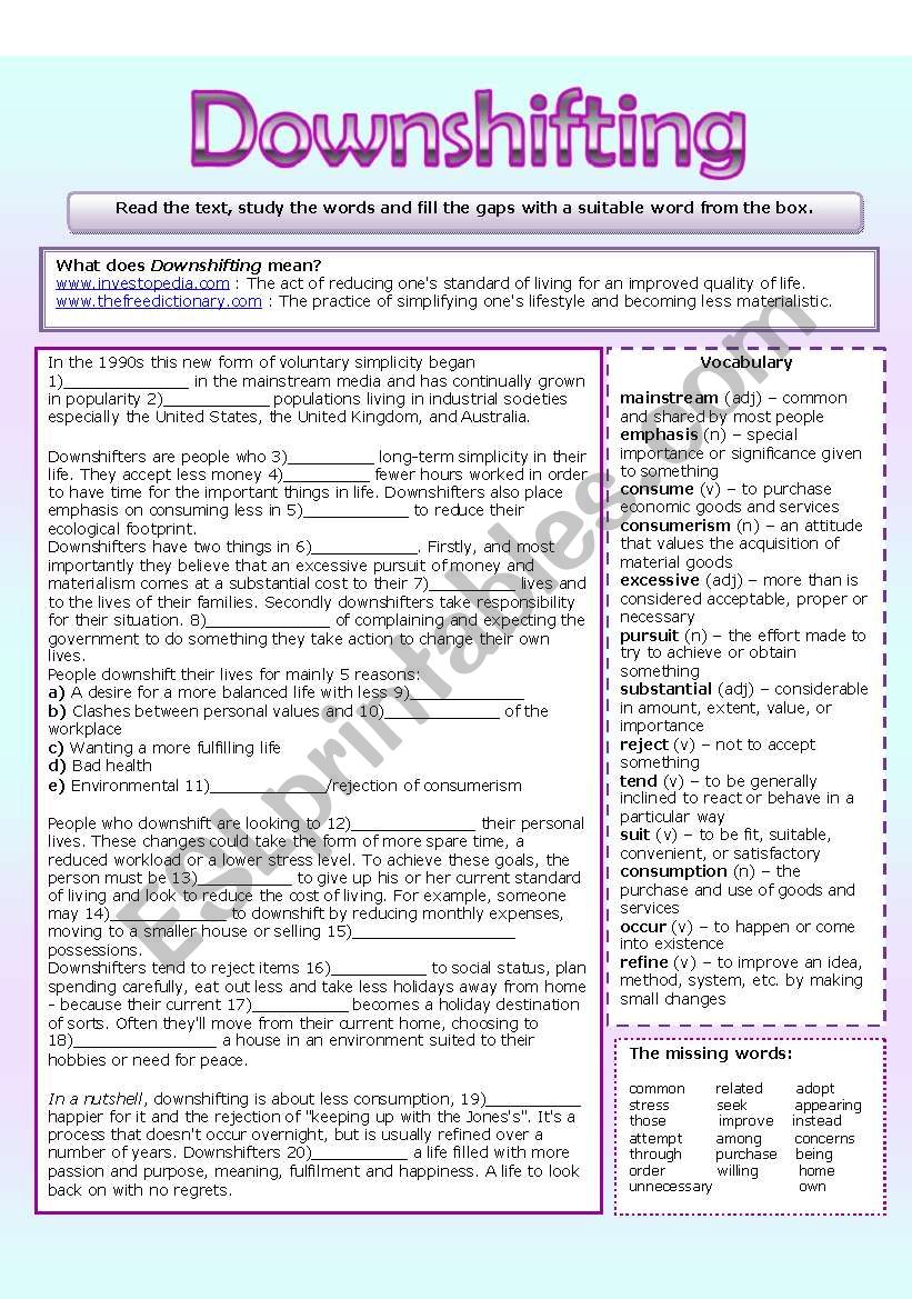 Downshifting worksheet