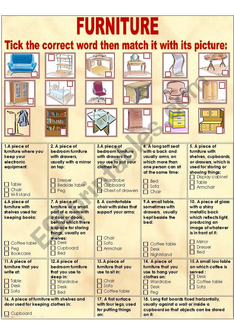 Furniture worksheet