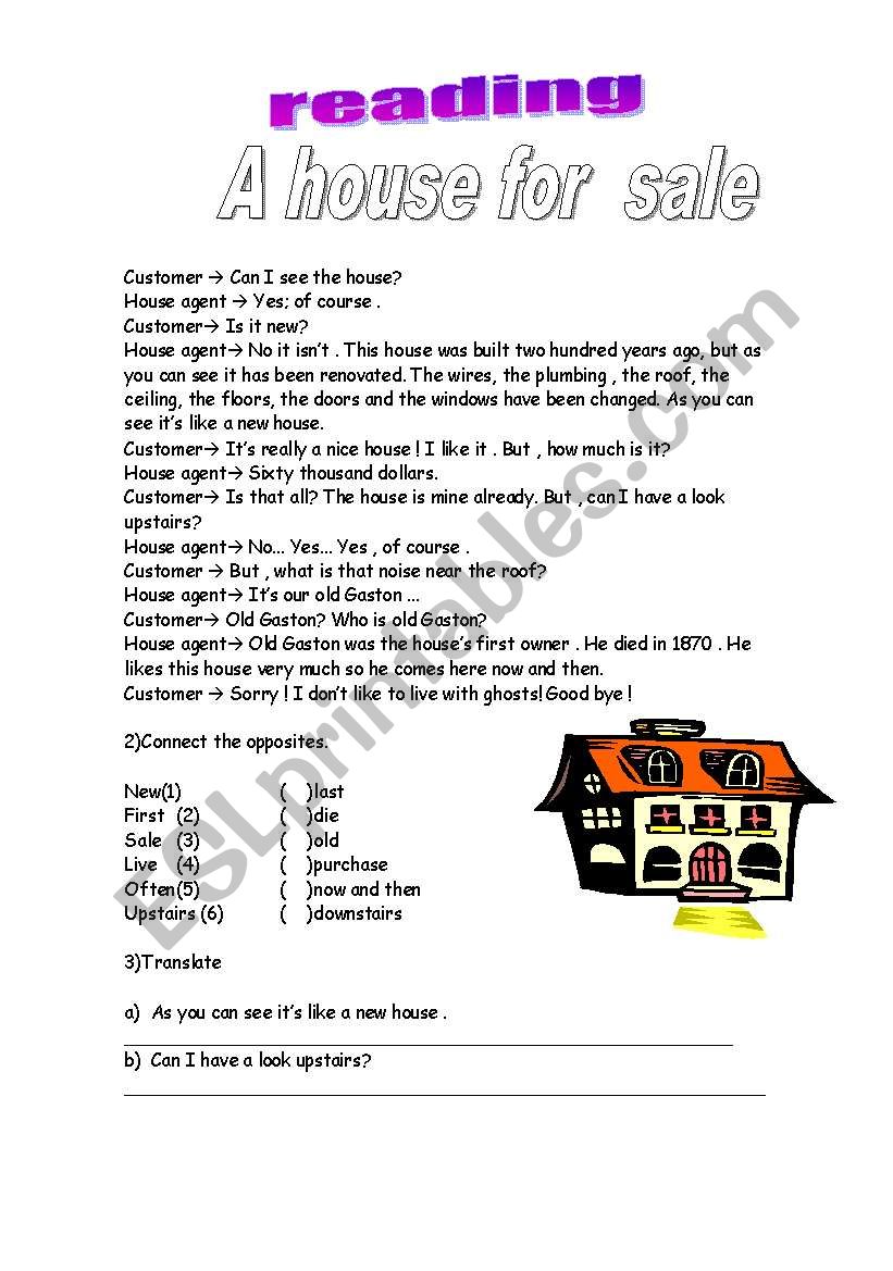 a house for sale  worksheet